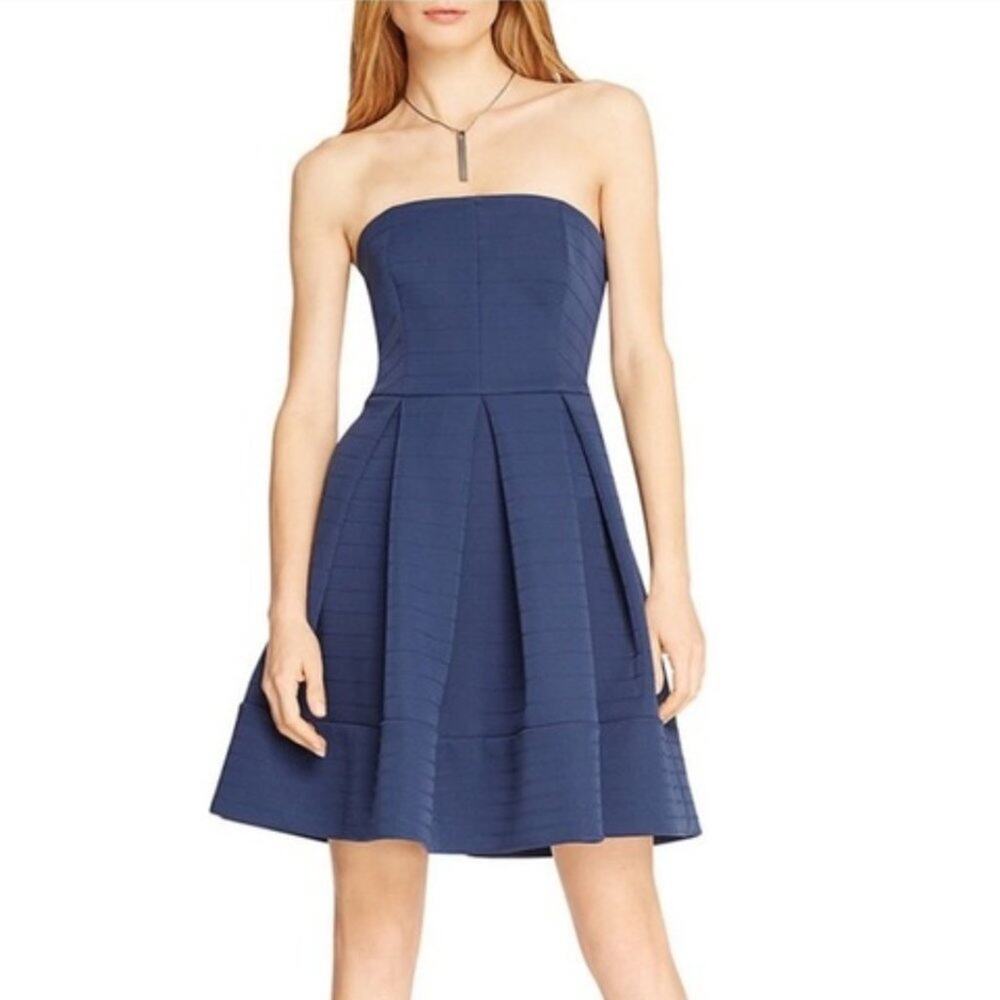 HALSTON HERITAGE Catalina Blue Strapless Box Pleated A-Line Cocktail Dress 14